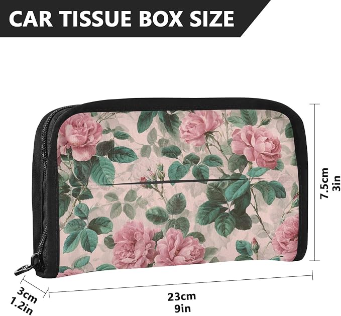 Car Visor Tissue Holder Mask Holder for Car, Car Tissue Box Sun Visor Napkin Holder Car Visor Accessories Adjustable Straps Reusable Durable Easy to Install Pink Vintage Roses with Leaves