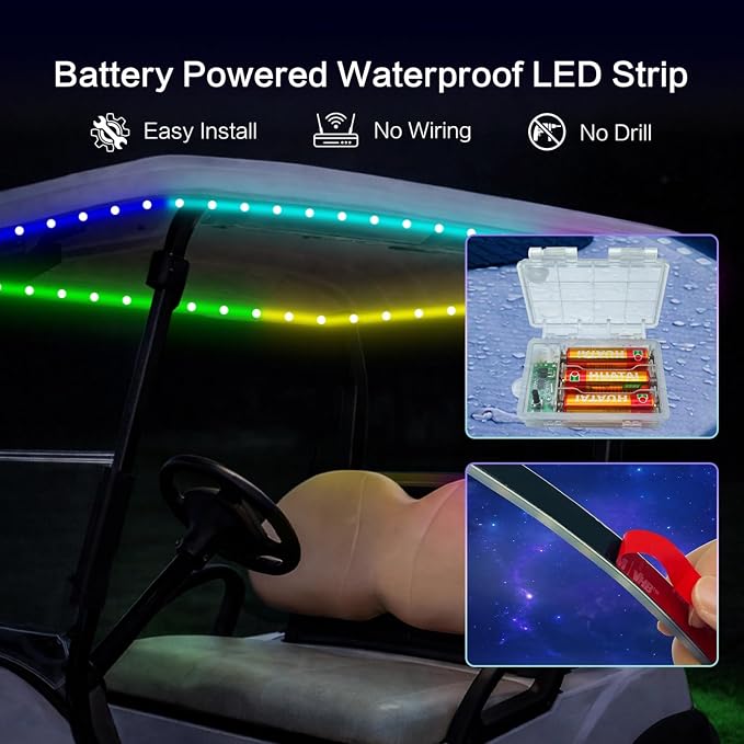 Battery Powered RGB+IC Dream Color Chasing Golf Cart Canopy Roof Lights with Remote, 2 Pack 4FT IP68 Waterproof Addressable Golf Cart Underglow Light Strip for EZGO Yamaha Club Car, Boat, Easy Install