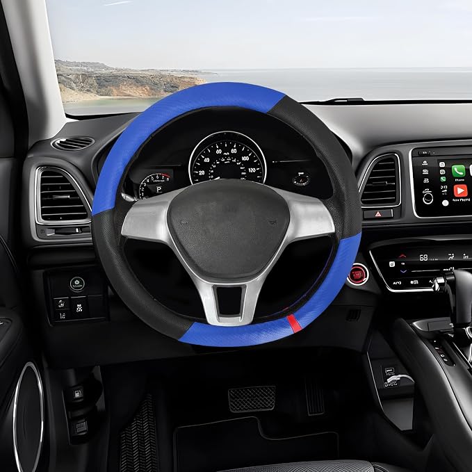 Car Steering Wheel Cover, Breathable Carbon Fiber Wheels Protective Cover Interior Accessories, Universal Anti Slip Protector for Most 14.5-15 Inch Steering Wheels (Blue)
