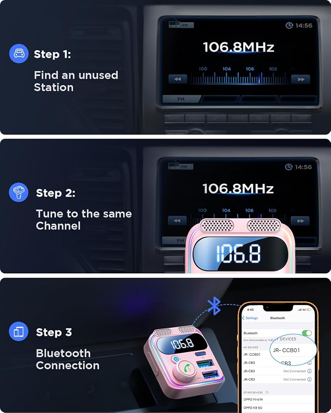 JOYROOM 81W Bluetooth 6.0 Car Adapter FM Transmitter [Next-Gen Stable] Bluetooth Cigarette Lighter Adapter [PD45W&QC36W] Fast Charging Dual Mics HiFi Bass Radio Hands-Free Calling Support USB Drive
