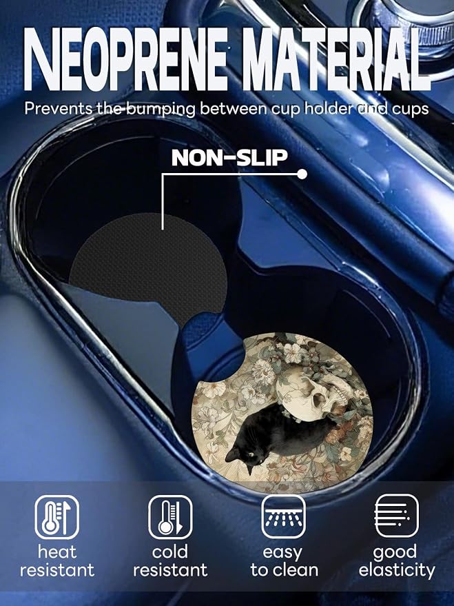 WOCOCN Car Coasters,Cup Holder Coasters for Car,2.75inch Anti Slip and Absorbent,Cute Automotive Interior Accessories for Cup Holder,Pack of 2 (Cat and Skull)