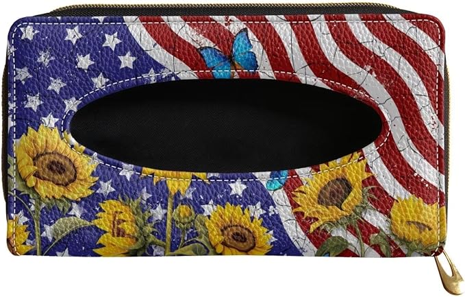 American Flag Car Tissue Holder Sunflower Sun Visor Tissues Box Cover for Car Sun Visor Napkin, Mask Dispenser Universal Car Interior Accessories