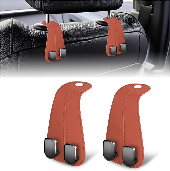 CHOSMOYI 2 Packs Car Seat Hooks, Leather Car Headrest Hook, Car Purse Hook Seat Back Hanger Storage Organizer, Car Hook for Purses and Bags(Burnt Orange)