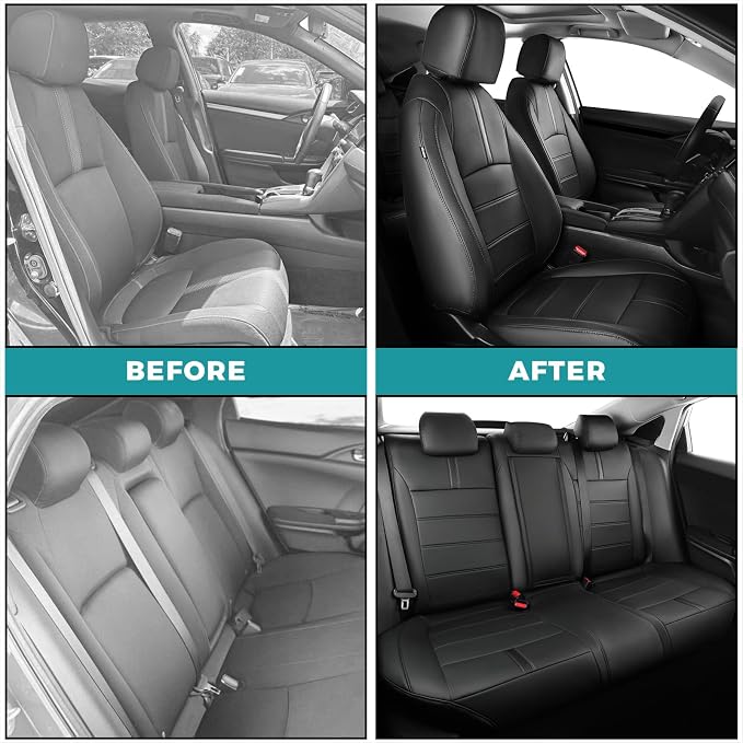 Seat Covers for Honda Civic Sedan 2022-2024 Touring &2025 2026 Hybrid Sport Touring, Faux Leather Black Leather Car Seats Cover Full Set for car - Rear Row 60/40 Split Bench