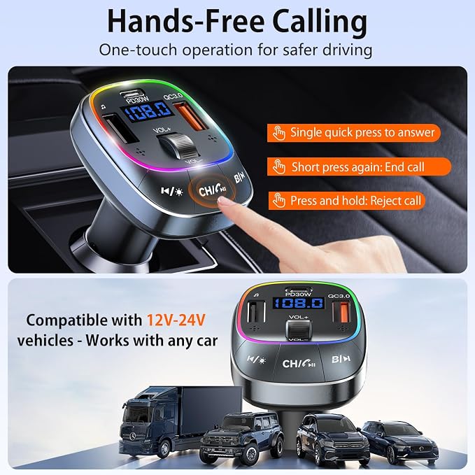 FM Transmitter Bluetooth 5.4 Wireless Radio Adapter Car Kit 48W (PD 30W & 18W) Light Switch Fast Charging Music Adapter LED Display Hands-Free Calling Support USB Drive (Grey)