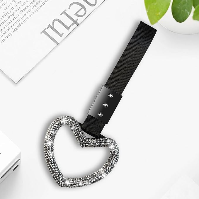 NBTEPEM Bling Heart Handle Ring Bling Car Accessories for Women Handle Strap Drift Charm Rear Bumper Warning Ring Tsurikawa Heart Decor for Car Interior Exterior Decoration (Silver, Heart Style)