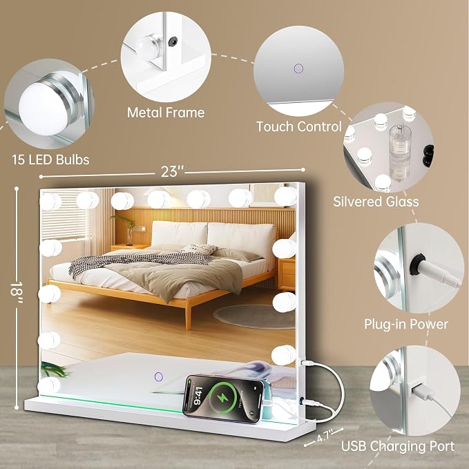 Hollywood Vanity Mirror with Lights, 23"x18" Lighted Makeup Mirror with 10x Magnification for Desk/Wall Mount, 15 Led Bulbs, 3 Lighting Modes for College Dorm, Bedroom, Dressing Room