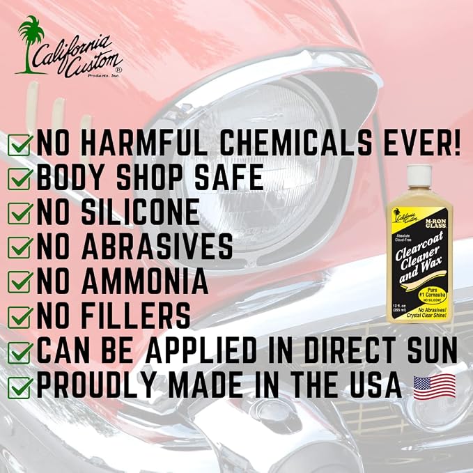CALIFORNIA CUSTOM - M-Ron Glass Clearcoat Cleaner & Wax with Finest Pure #1 Carnauba Wax, Seals and Protects With A Crystal Clear Shine, No Silicone, Can Be Applied In Direct Sun Light! 12 oz
