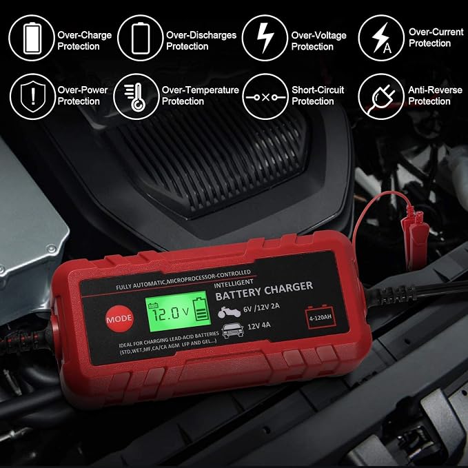4A Smart Car Battery Charger, 6V 12V Automotive Charger Maintainer Fully Automatic 8-Stages Trickle Charger for Automotive Motorcycle Car Battery, Portable 4A Smart Car Battery Charger 6V 12V