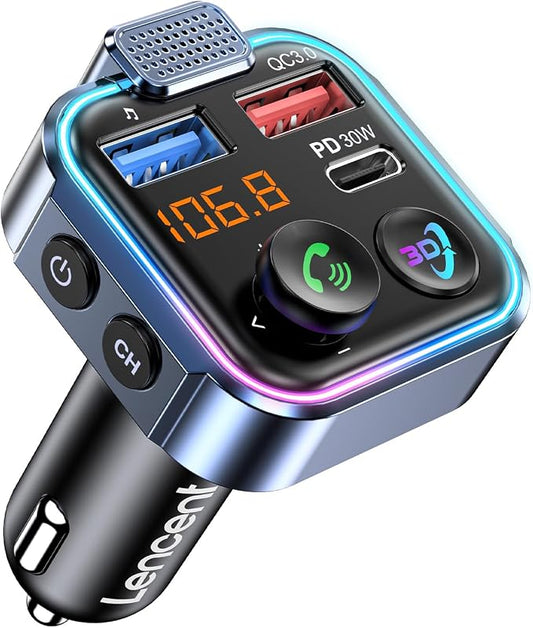 LENCENT Bluetooth 5.3 FM Transmitter, Wireless Radio Adapter Car Kit | Type-C PD 30W+ QC3.0 Fast USB Charger, Hands-Free Calling, Audio Stereo Mp3 Player Receiver, Supports U Disk, Color Light