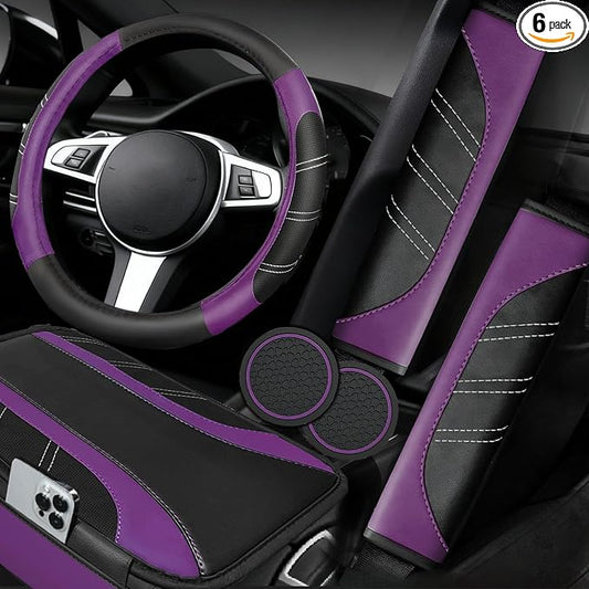 NBTEPEM 6 Pcs Purple Car Accessories Set, Sport Leather Steering Wheel Cover 14.5-15inch Universal, Leather Car Center Console Cover, Seat Belt Cushion, Cup Holder Coaster (Black-Purple)