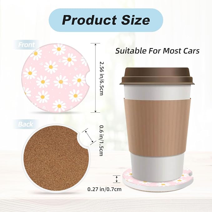 Pink Daisy Flower Car Coasters for Cup Holders,2 Pack Car Cup Holder Coasters for Car,Ceramic Absorbent Car Coaster with A Finger Notch and Cork Base,Car Interior Accessories for Women Men