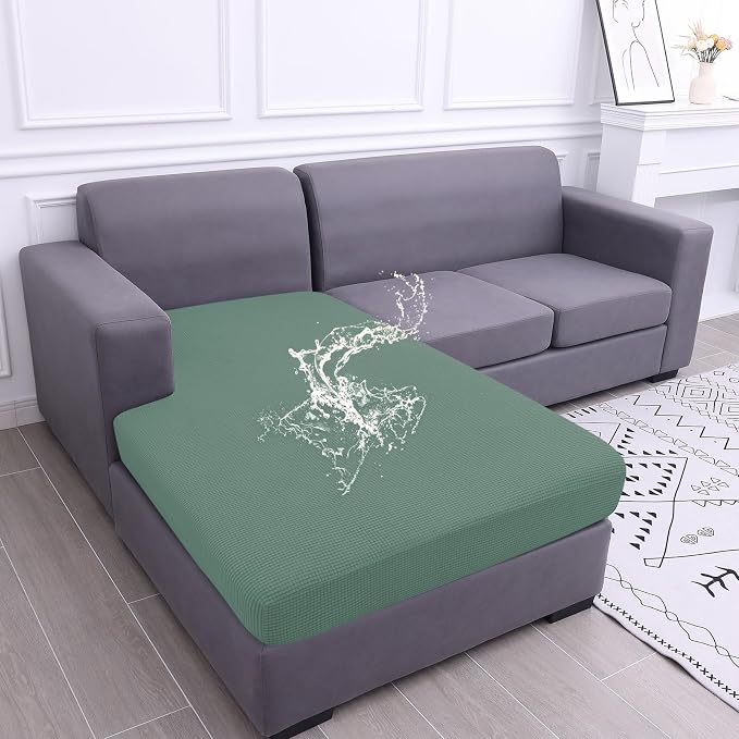 hyha Waterproof Sectional Couch Covers, Non Slip Sofa Couch Cushion Covers L Shape, Thick Stretch Jacquard Fabric, Washable Sofa Slipcovers with Elastic Bottom (1 Piece for Chaise XL, Green)