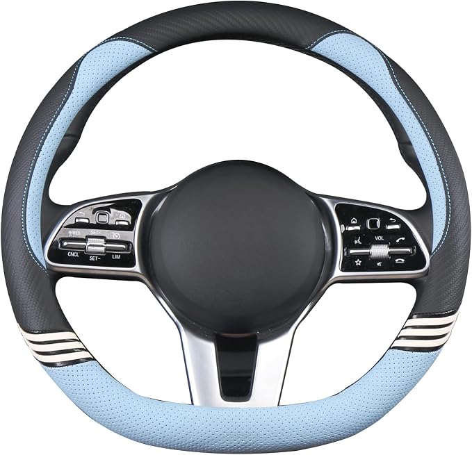 14 inch Cute Leather D Shape Steering Wheel Cover Black Blue | Breathable Faux Leather and Carbon Fiber Flat Bottom Car Accessories for Women Men Small 13.5 inch to 14 inch