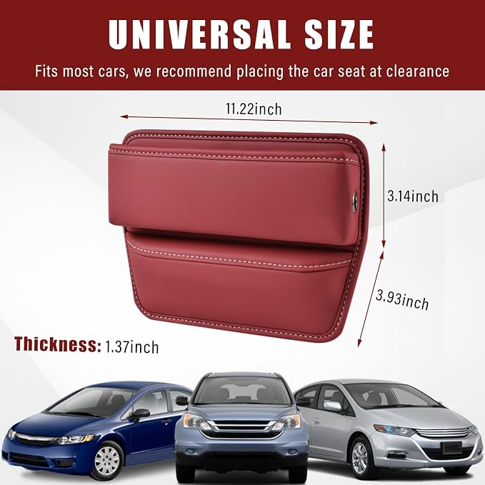 Ziciner Car Seat Gap Organizer, Premium Leather Auto Seat Storage Box, Vehicle Adjustable Front Seat Gap Filler, Car Seat Side Pocket Organizer for Phones, Glasses, Keys, Money, Cards (Red)