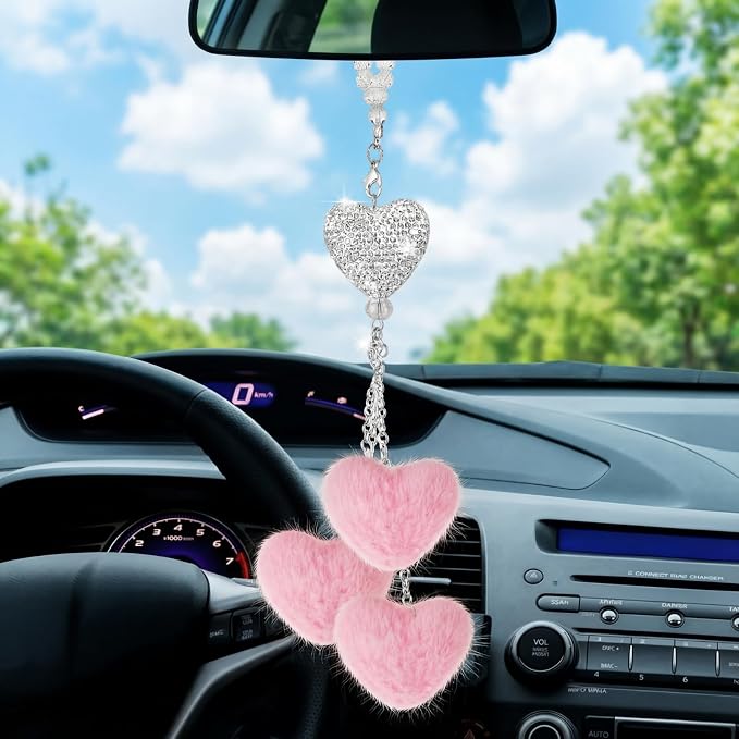 Frienda Pink Car Rear View Mirror Accessories for Women Bling Heart Shaped Rhinestone Hanging Charm Sparkly Rear Mirror Ornament Pendant Gift for Girlfriend Wife Female Drivers Car Interior Decoration