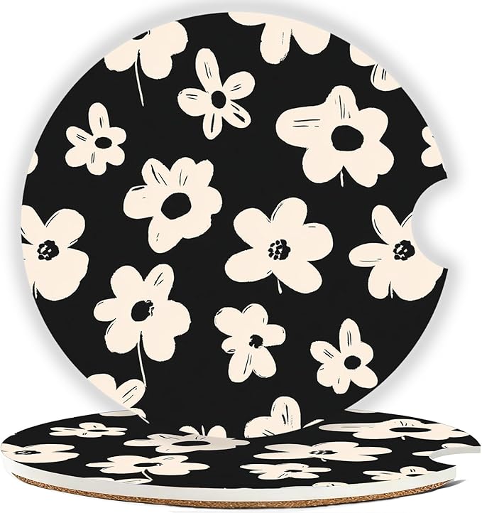 Car Cup Holder Coaster Set of 2, 2.56 in Ceramic Coasters, Scratch-Resistant Cork Backing, Finger Groove Design for Easy Placement, Cute Car Accessories Interior for Women (White Flowers)