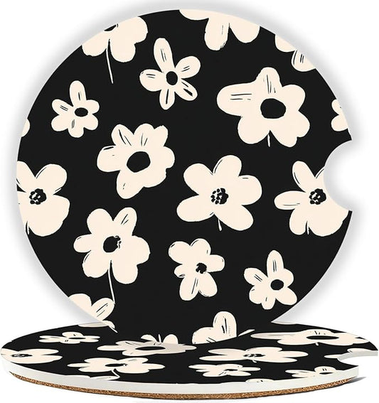 Car Cup Holder Coaster Set of 2, 2.56 in Ceramic Coasters, Scratch-Resistant Cork Backing, Finger Groove Design for Easy Placement, Cute Car Accessories Interior for Women (White Flowers)