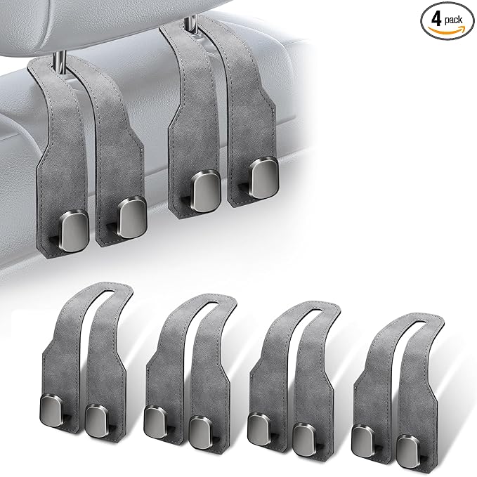4Pcs Car Headrest Hooks with Premium Leather, Upgraded Double Metal Hooks with Anti-Drop Design, Universal Back Seat Hanger for Bags, Coats, Purses and Groceries (Stylish Gray)