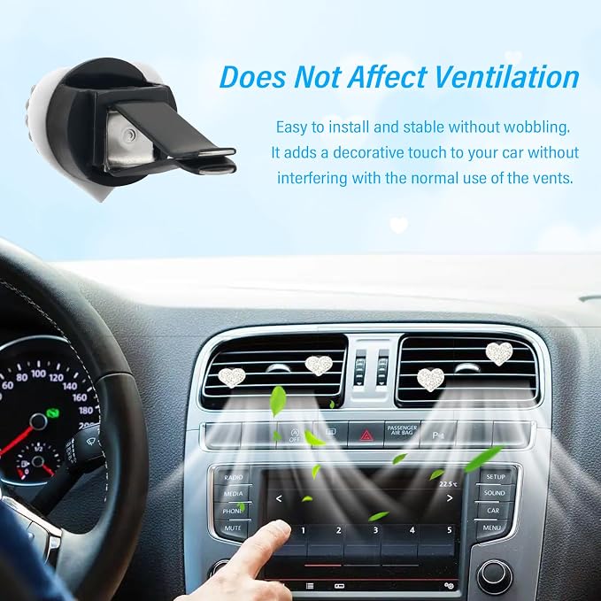 4PCS Bling Car Vent Clips with Rhinestone,Cute Heart Air Vent Clips for Interior Decorating,Shiny Air Vent Clips Car Accessories as Birthday Gifts for Women & Girls (White)