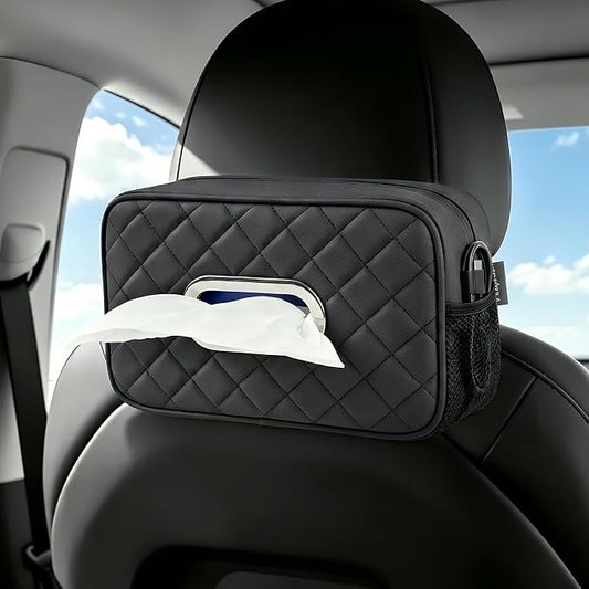 Car Tissue Holder, Diamond-Quilted Stitching Tissue Box Cover with 2 Mesh Storage Pockets, PU Leather Rectangle Napkin Organizer Fit for 90-160 Regular Size Tissues,Black