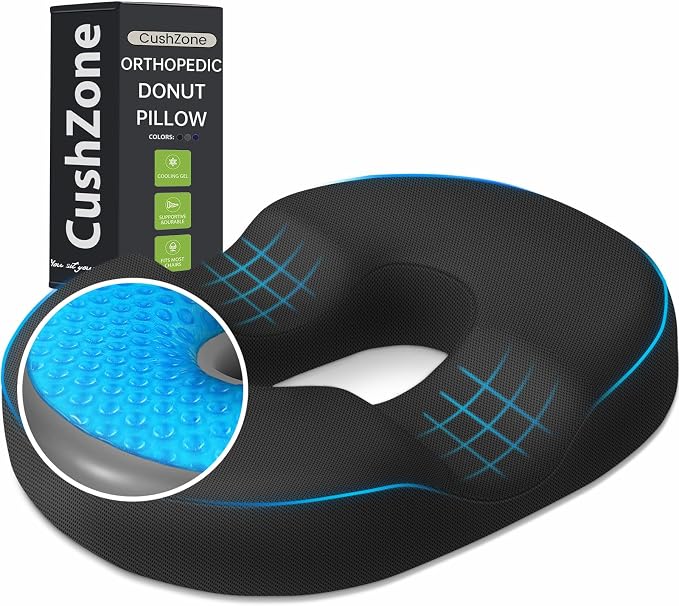 Donut Pillow Seat Cushion - Cooling Gel Donut Chair Cushions, Memory Foam Seat Cushion for Office & Home, Car Seat Cushion and Butt Pillow, Hemorrhoids Pillow and Tailbone Pain Relief, Black