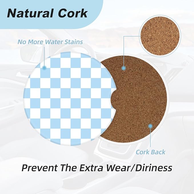 Blue and White Checkered Car Coasters for Cup Holders,2 Pack Car Cup Holder Coasters for Car,Ceramic Absorbent Car Coaster with A Finger Notch and Cork Base,Car Interior Accessories for Women Men