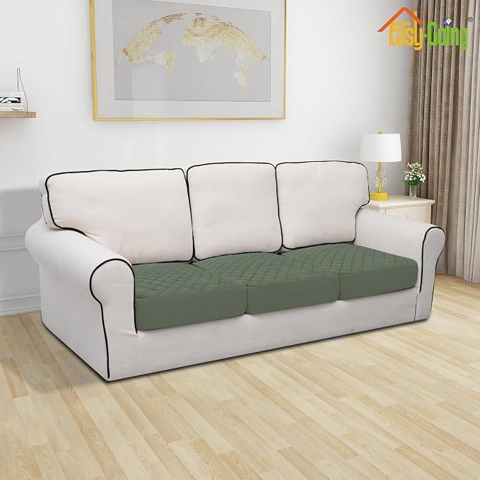 Easy-Going Waterproof Couch Cushion Covers, Non-Slip Leakproof Sofa Seat Cushion Slipcovers, Quilted and Stretch Furniture Protector for Dogs, Pets (3-Piece Sofa Cushion, Grayish Green)