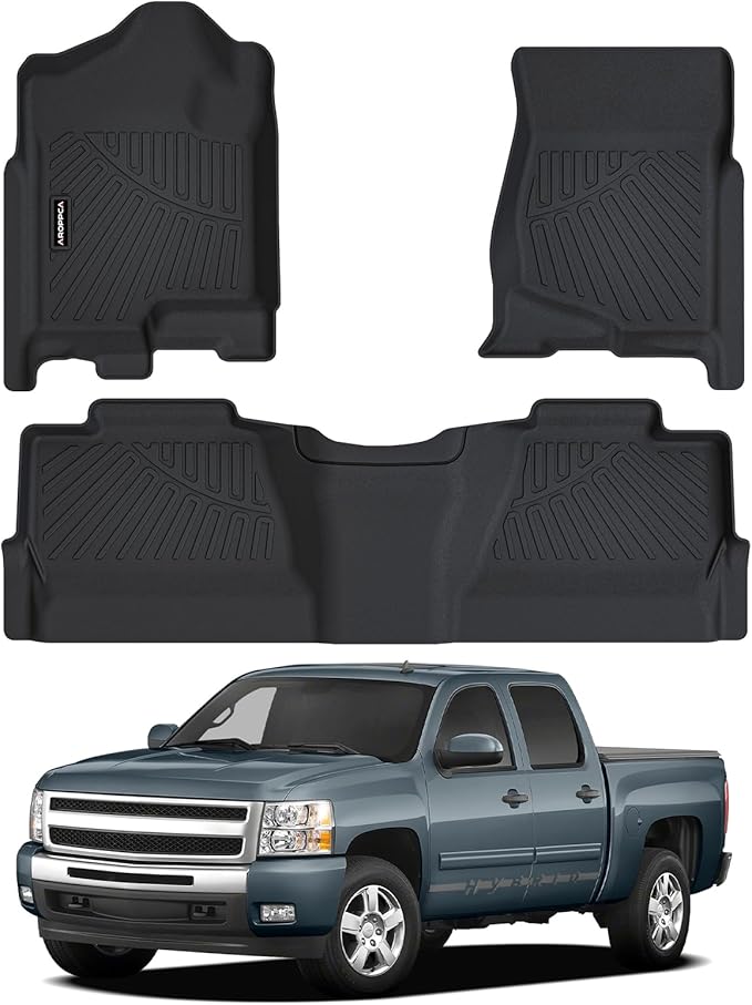 All Weather Car Floor Mats for 2007-2013 Chevy Silverado/GMC Sierra 1500 Crew Cab, 2007-2014 Silverado/Sierra 2500/3500 HD Crew Cab,TPE Rubber Floor Liners Automotive Mats for Silverado Accessories