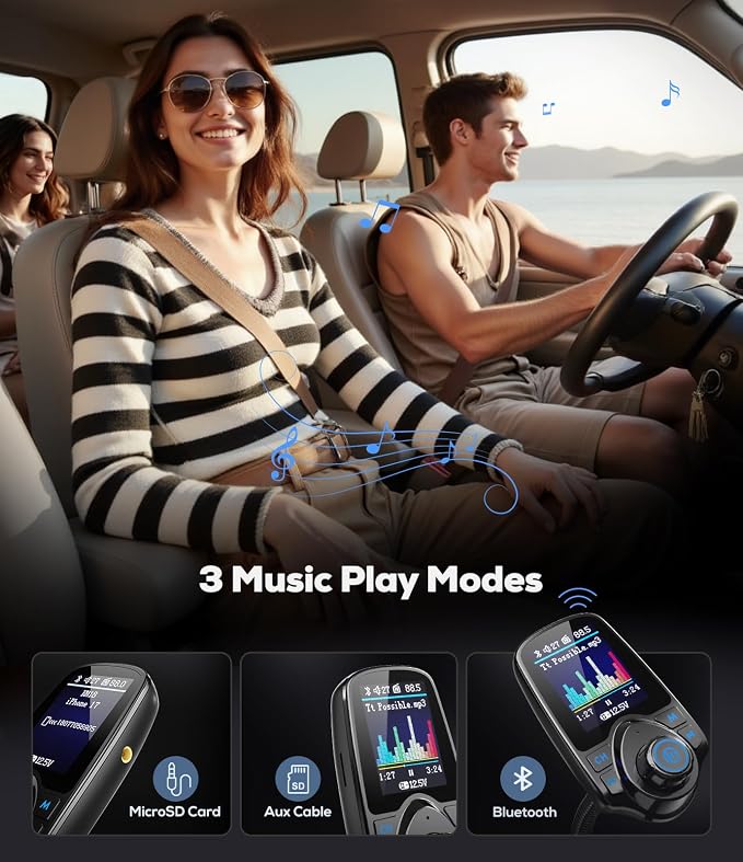 Nulaxy [2026 KM18 Upgraded Version] 1.8" Color Screen 48W Bluetooth 5.4 Car Adapter, Dual Fast Charging Ports [PD 30W & QC3.0 18W] Wireless Radio FM Transmitter, Hands-Free Call, 7 EQ Modes, Black