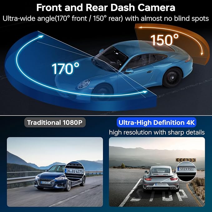 4K+2K Dash Cam Front and Rear, 5G WiFi GPS, 32GB Card, 3.39" Screen | True 4K丨Dual Cameras丨Instant Sharing丨GPS Tracking丨Quick Installation丨Critical Moments丨24/7 Protection