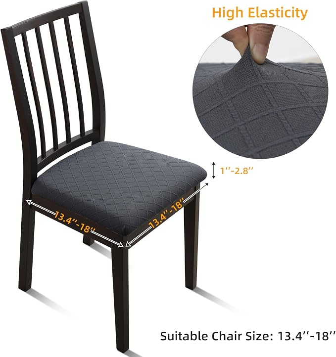 Fuloon Waterproof Seat Cushion Covers 4 PCS, Stretch Jacquard Chair Seat Covers Washable Dining Room Seat Slipcovers Removable Kitchen Chair Protector (4, Waterproof-Dark Grey)