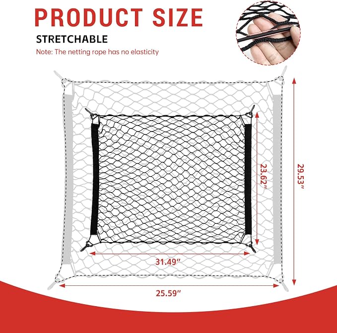 Cargo Net Fit for 2018-2025 Jeep Wrangler JL JLU 4XE Rear Trunk Net with Hooks Trunk Bed Netting Cover Organizer for 2024 Wrangler 4 Door Accessories(Wrangler Cargo Floor Net)
