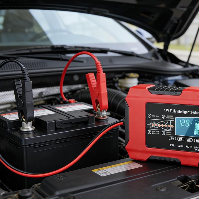 12V 10A Car Battery Charger, Smart Trickle Charger, Automotive Battery Charger with Temperature Compensation/Desulfator Maintainer for Car、Motorcycles、Lawnmowers、Trucks