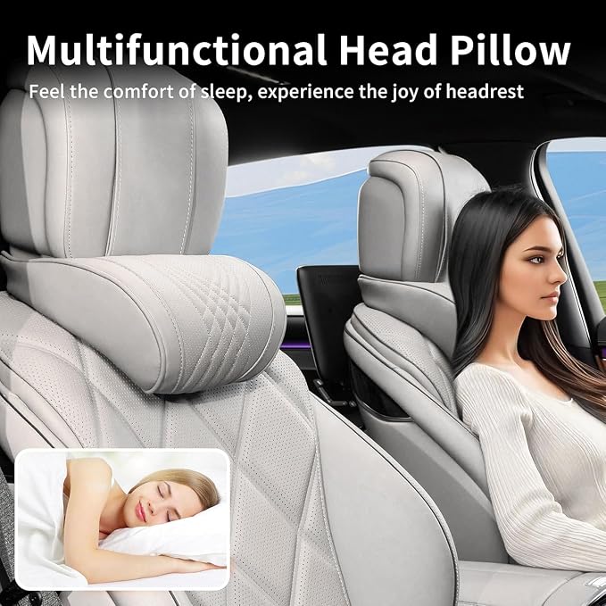 Car Neck Pillow for Driving Memory Foam Headrest Nappa Leather Head Rest for Most Cars SUV Home Office Traveling