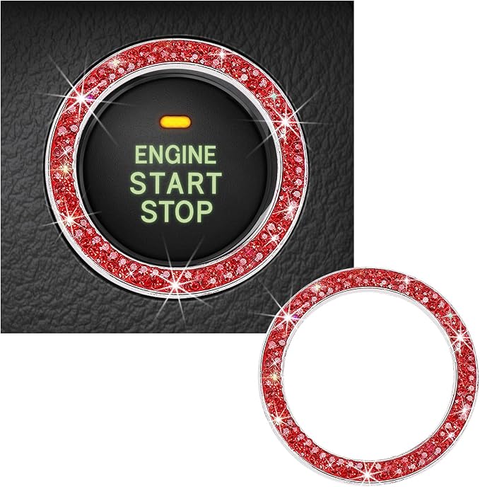 Kewucn Bling Crystal Double Rhinestone Car Engine Start Decoration Ring, Sparkling Push Start Button Sticker, Key Ignition & Knob Ring Decoration, Bling Car Interior Accessory(Red)