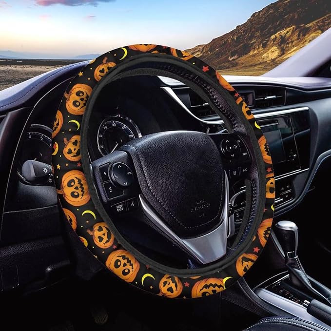 Wanyint Halloween Car Steering Wheel Cover 15 Inch Universal Breathable Soft Anti-Slip Auto Accessories Steering Wheel Protector Fit for Most Vehicles, Pumpkin Moon Star