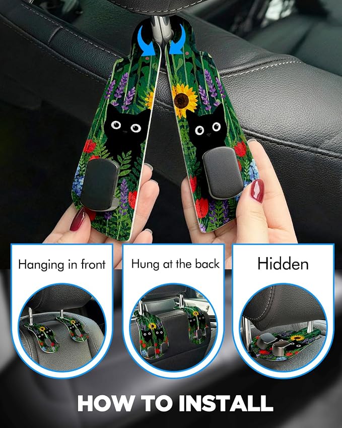 WOCOCN Purse Holder for Car, 2 Pack Heavy Duty Purse Hanger for Car, PU Leather Car Seat Hooks for Purses and Bags, Cute Cat Headrest Organizer for Handbags & Backpacks