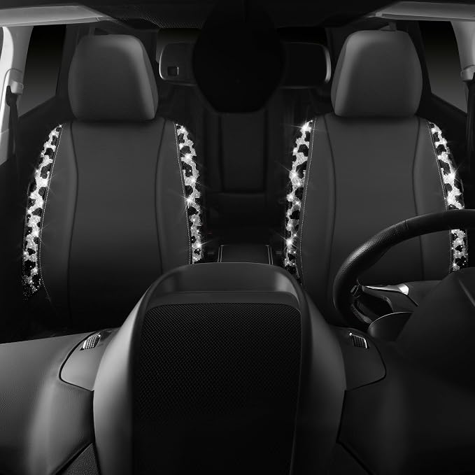 CAR PASS Cow Diamond Leather Bling Car Seat Covers Universal, Faux Shining Rhinestones Two Front only, Fit 95% Automotive Glitter Crystal Sparkle Strips for Cute Women Girl, 2PCS Cow Silver Diamond