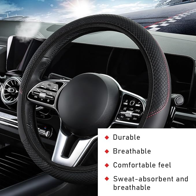 povtii Car Steering Wheel Cover, 15 Inch Leather Breathable Auto Steering Wheel Protector, Comfortable Non-Slip Vehicle Steering Wheel Covers, Universal Interior Car Accessories (Black)