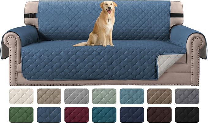 H.VERSAILTEX Water Repellent Sofa Cover Couch Cover Sofa Slipcover for Dogs Couch Protector Reversible Sofa Slipcover for 3 Cushion Couch Furniture Protector for Pets(Sofa, Dark Blue/Beige)