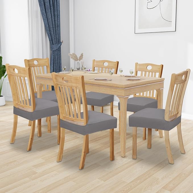Easy-Going 100% Waterproof Seat Covers for Dining Room Chairs Set of 6, Stretch Chair Seat Slipcovers Protector Removable and Washable Kitchen Dining Chair Covers, Light Gray