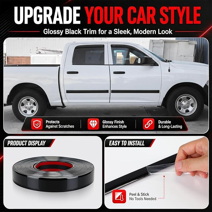 Pangda Glossy Black Body Side Molding Trim 1 Inch Wide Universal Car Bumper Door Edge Protector 20 Feet Self Adhesive Automotive Guard for Trucks Suvs Marine Crafts and DIY Home Furniture