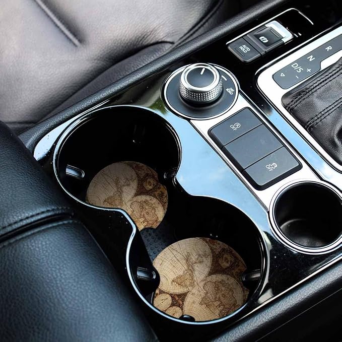 Map Nautical Car Coasters for Cup Holders Car Cup Holder Coasters 2 Pack for Car, Anti Slip Ceramic Car Cup Mat with Finger Notch Cute Car Interior Accessories for Women Men