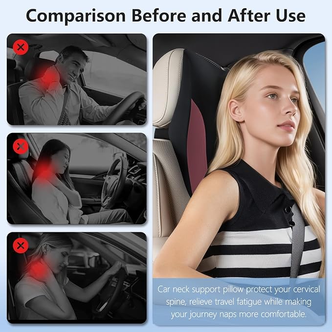 BABUR Car Headrest Pillow, Ergonomic Neck Support for Driving Seat 1 Pcs | Black Red,100% Memory Foam,Universal Fit,Softness,Adjustable Strap,Breathable Removable Cover,Car Rest Pillow for Pain Relief