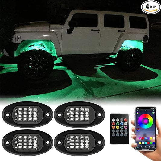 SUNPIE Rock Lights, 4 Pods RGB LED Rock Lights Underglow kit with APP/Remote Control & Music Mode, Waterproof Underglow Light kit for Car Jeep ATV UTV SUV Pickup Off Road RZR