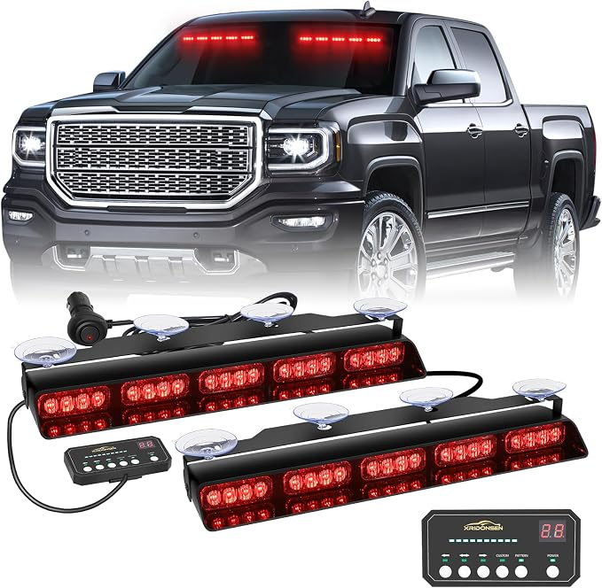 XRIDONSEN 2x 17 inch Red Emergency Lights 40 LED Dash Visor Light Bar | Interior Front/Rear Windshield Strobe Lights Safety Flashing Warning Hazard for Vehicles Trucks Car