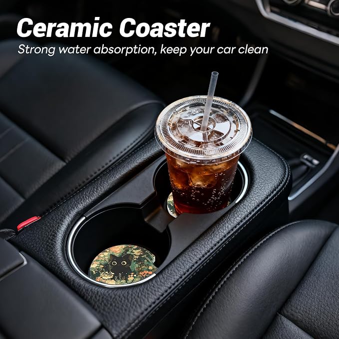 2 Pack Ceramic Car Coasters for Cup Holder, 2.56 in Anti Slip Absorbent Coaster with Cork Base and Finger Notch, Funny Cute Car Accessories for Women, One Cat