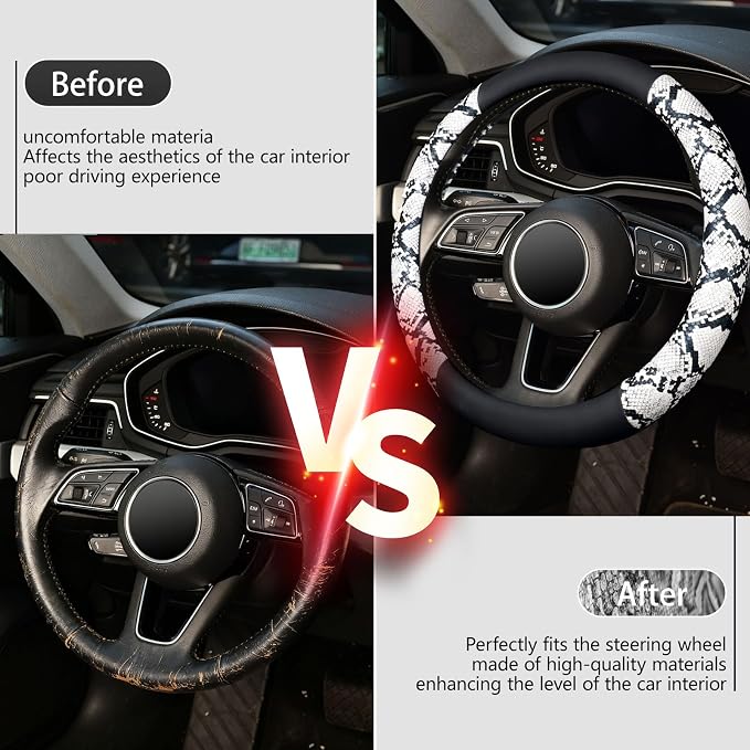 ZHOL Snake Skin Steering Wheel Cover, Universal 14.5-15 inch Breathable Microfiber Leather Anti-Slip Car Steering Wheel Protector for Women Men, Black&White