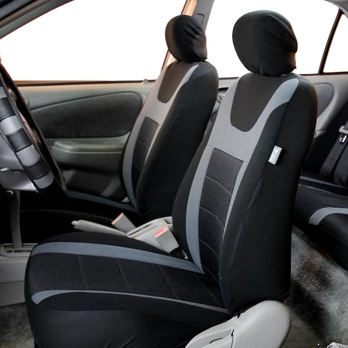FH Group Car Seat Covers Sports Fabric Pair Set Airbag Compatible Easy Installation Universal Fit for Cars Trucks and SUVs (Gray/Black) FB070102